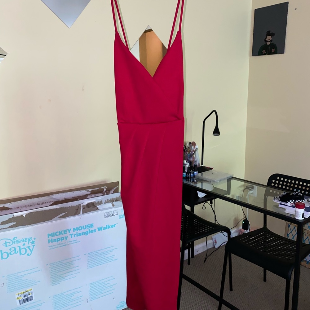 Red dress with cross body back and slit front